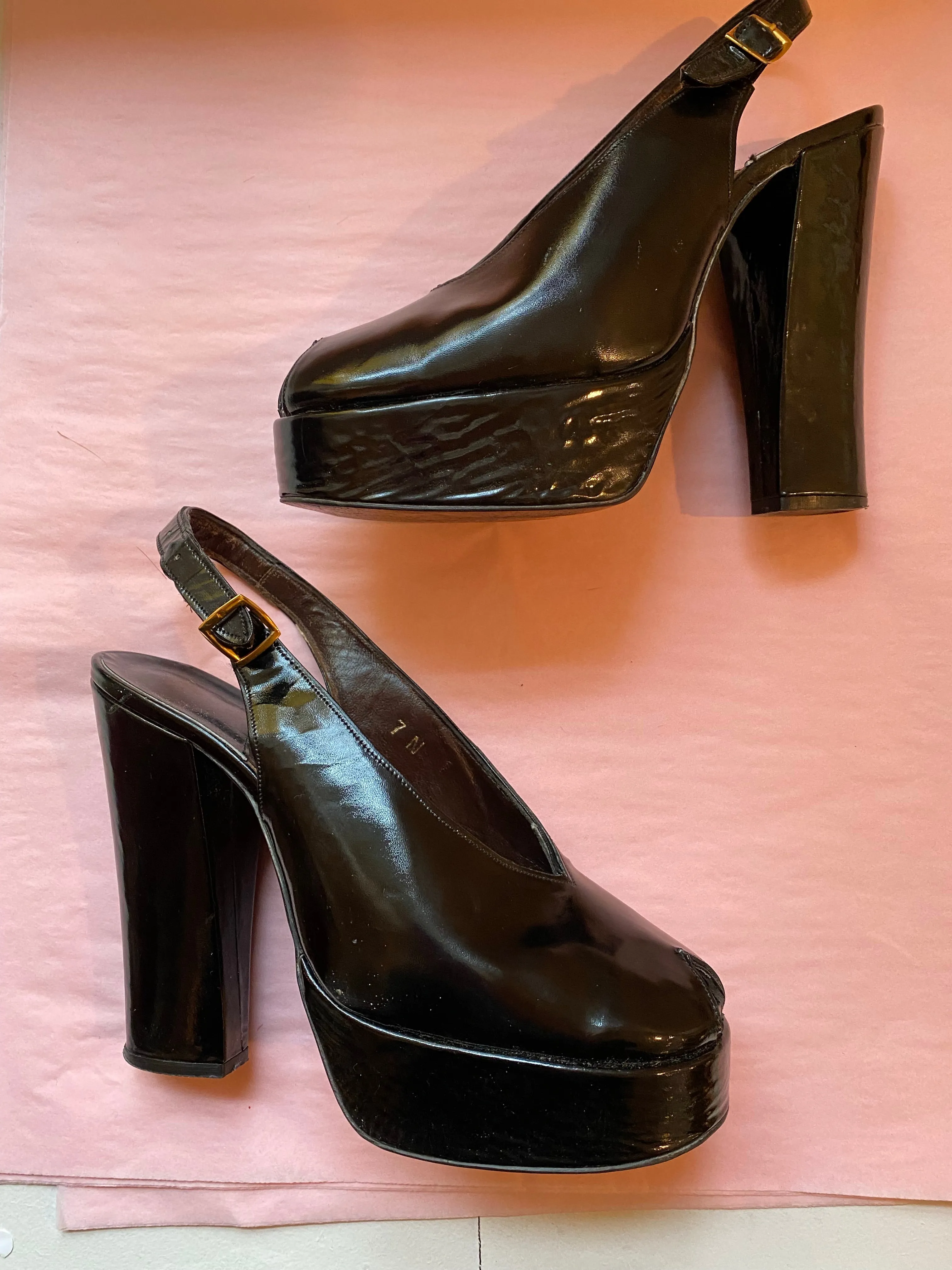 1970's Frank More Black Platform Peep-Toe Heels / 7 N