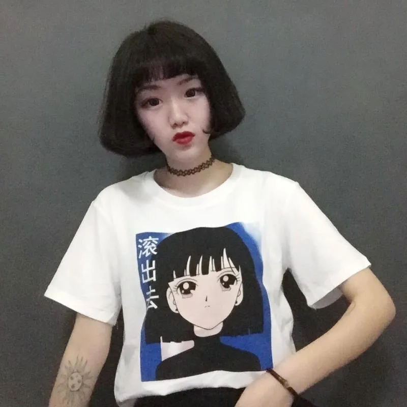 All-match Chinese Letter and Cartoon Girl Printed Short Sleeve T-Shirt