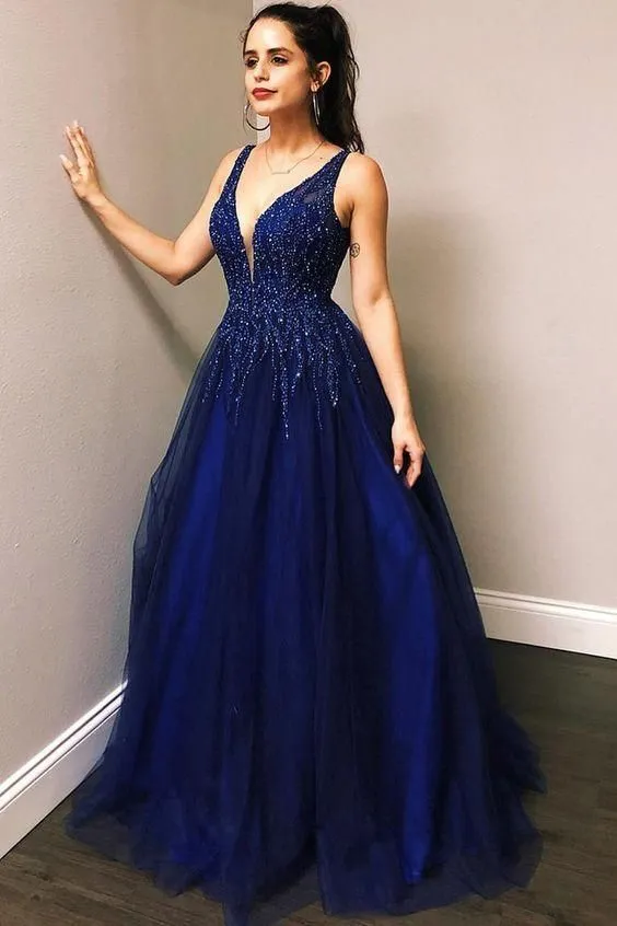 Beaded Tulle V-Neck Royal Blue A-Line Prom Dress, PD23030139