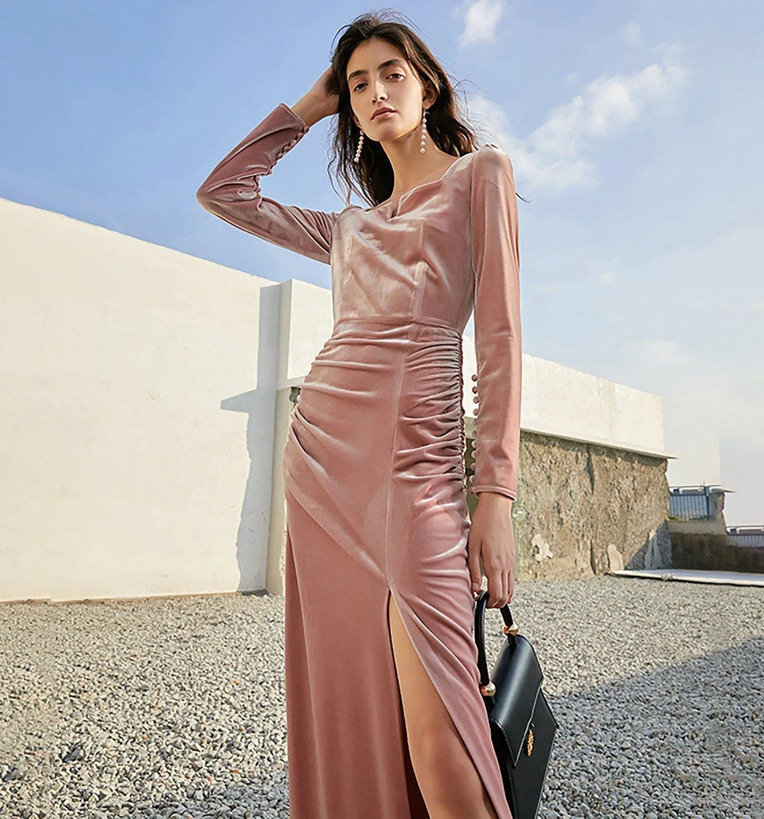 Becky Pink Velvet Long Sleeve Maxi Dress