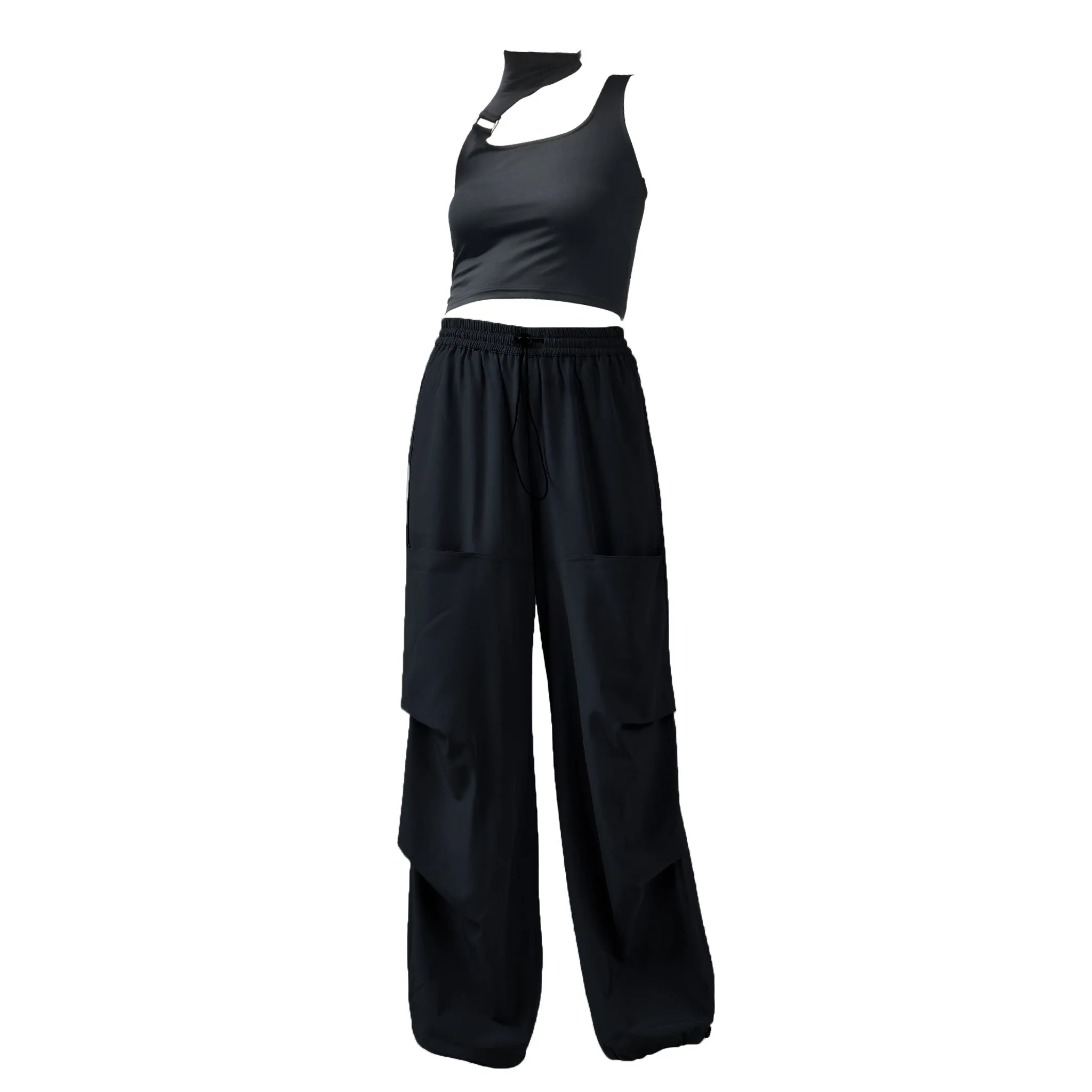 Black Buckle Top & Black Air Parachute Pants