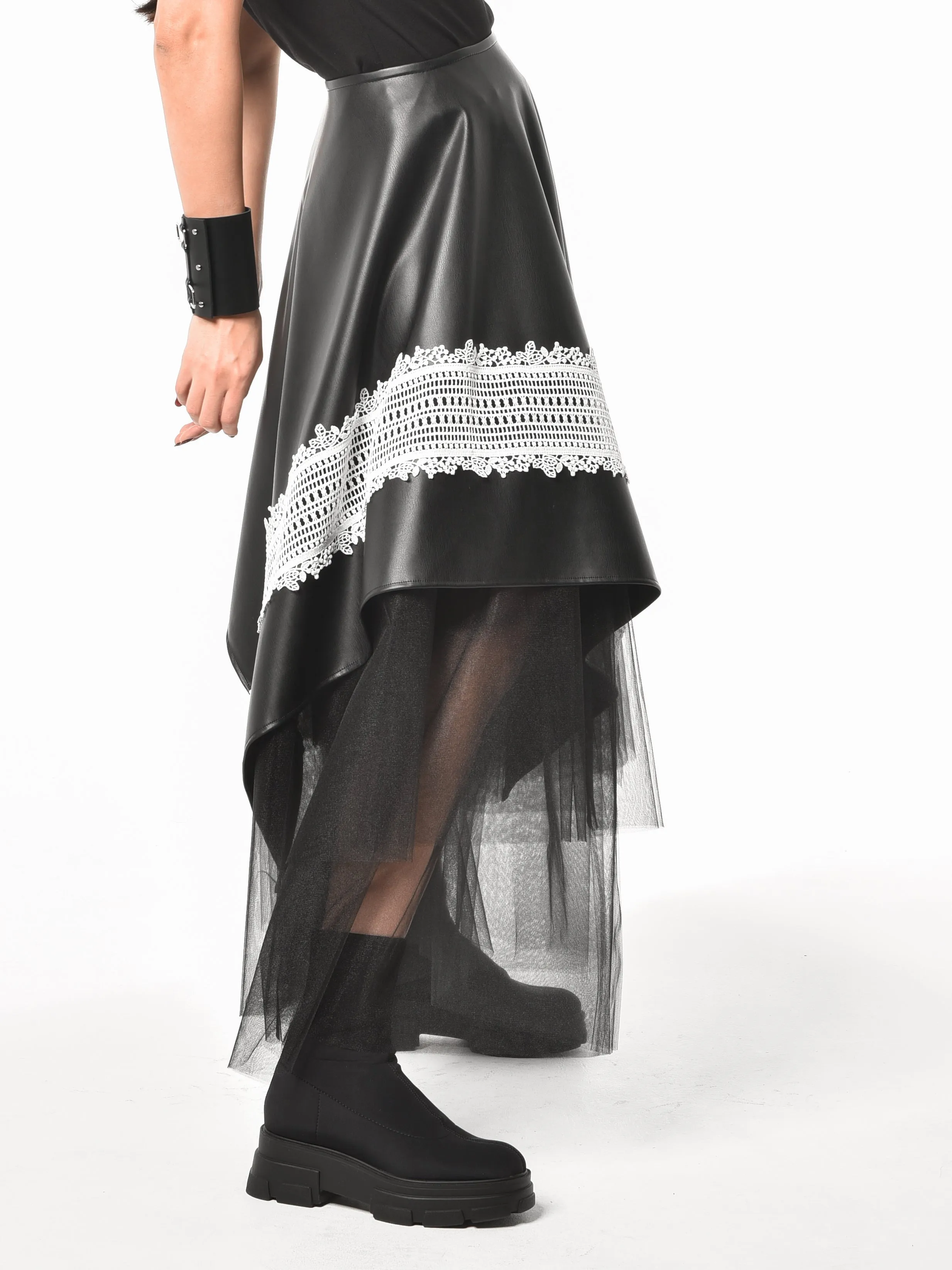 Black Vegan Leather Skirt with Black Tulle