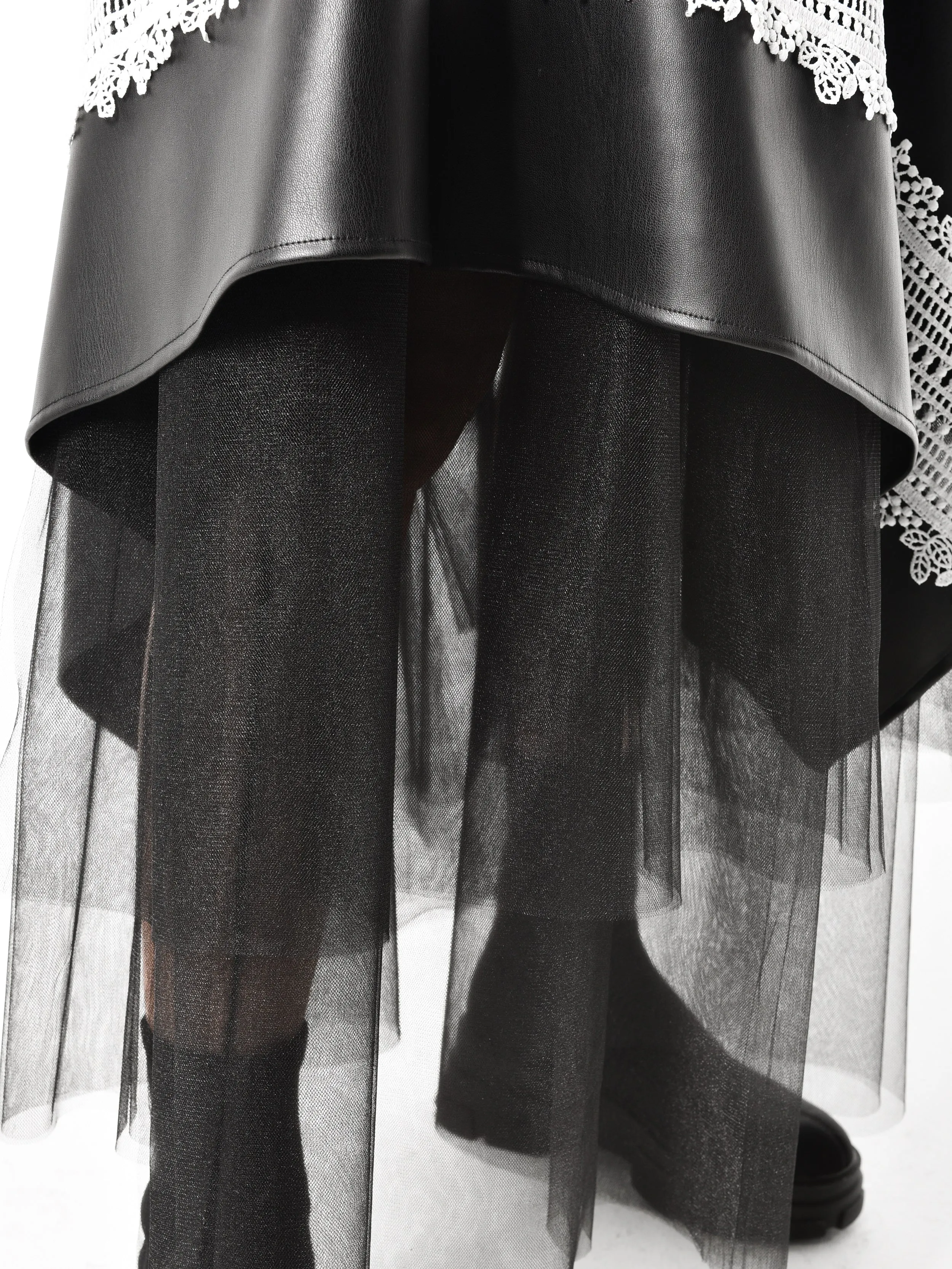 Black Vegan Leather Skirt with Black Tulle