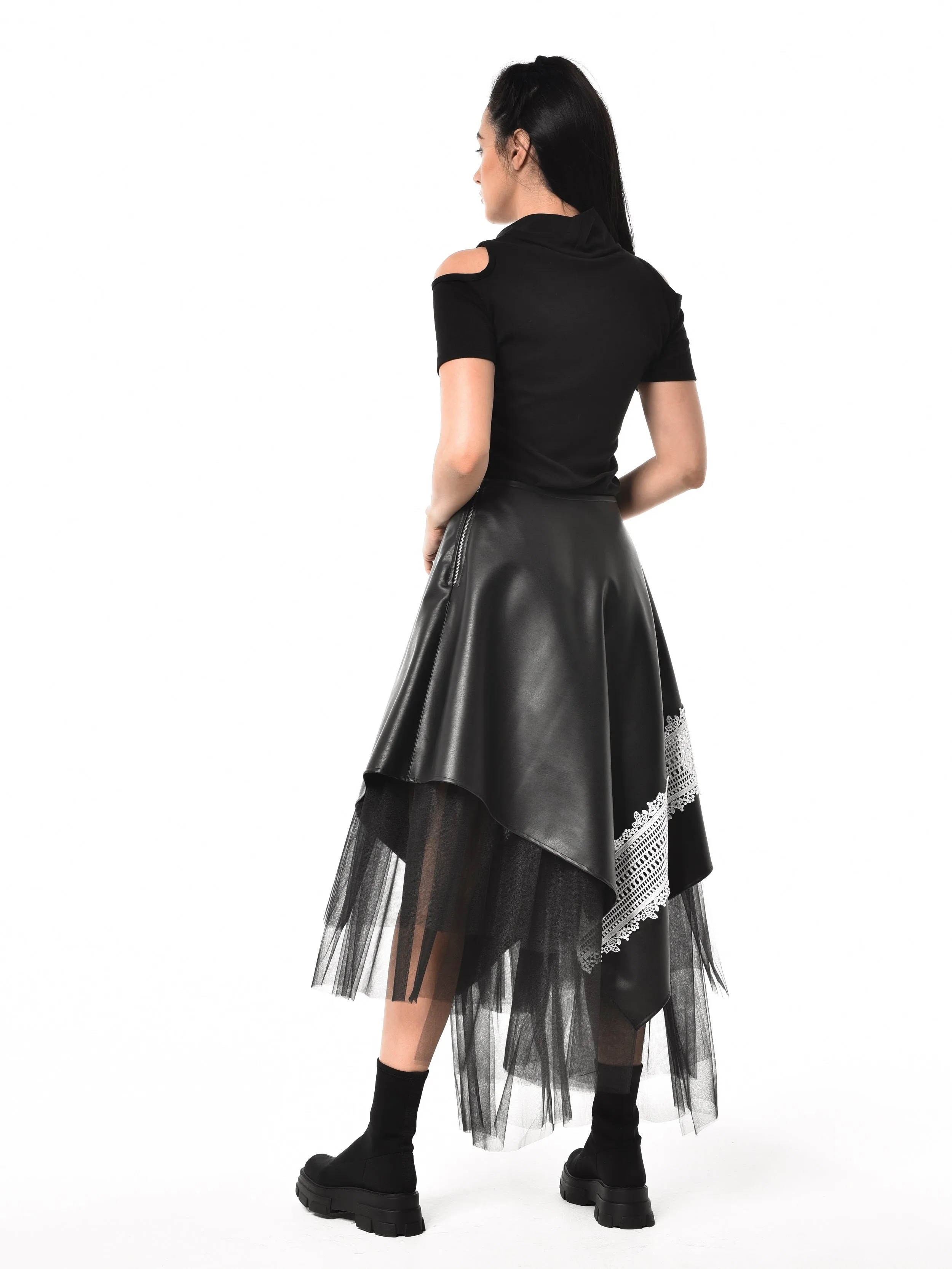 Black Vegan Leather Skirt with Black Tulle