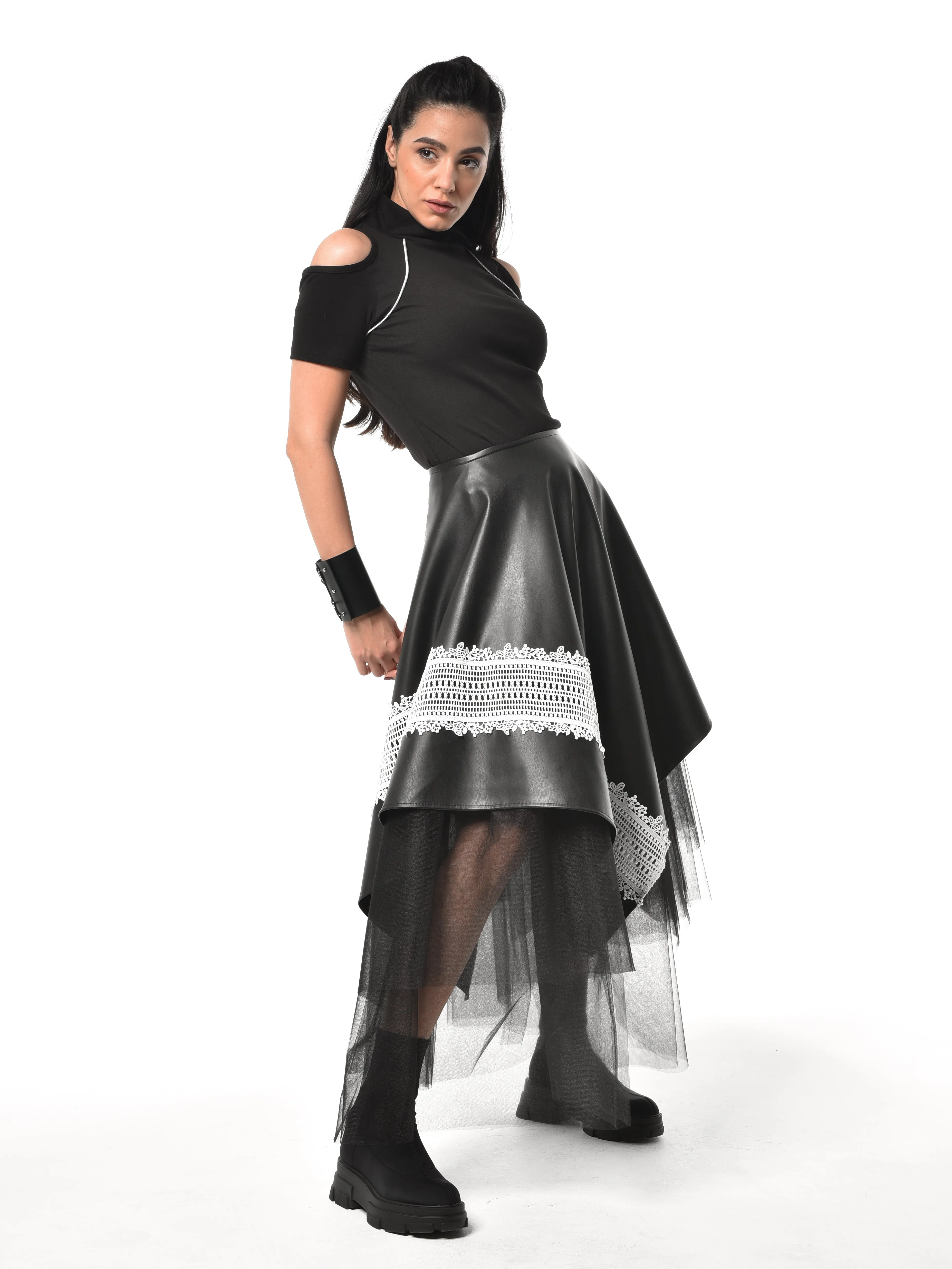 Black Vegan Leather Skirt with Black Tulle