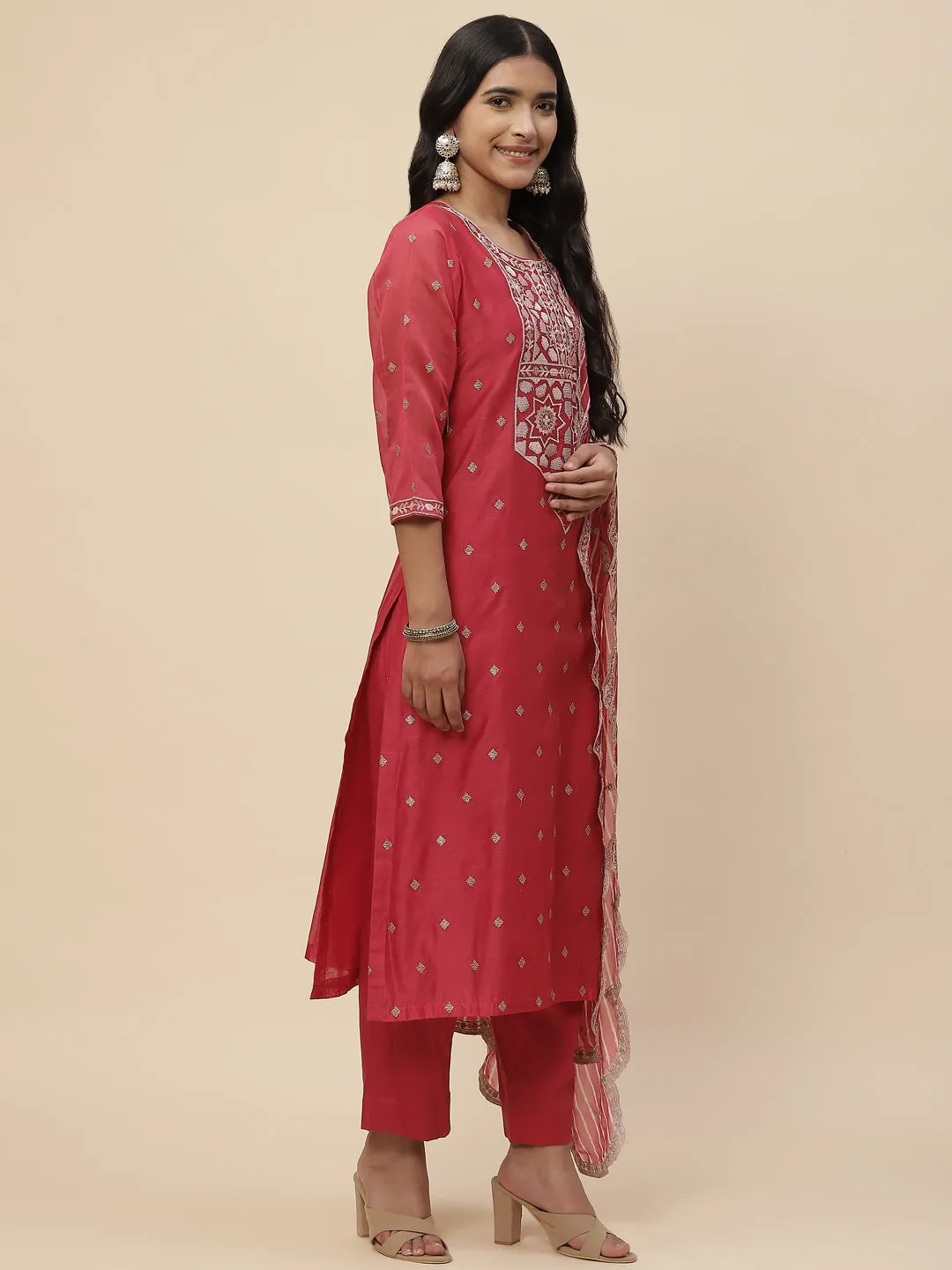 Booti Embroidered Cotton Kurta With Pants & Dupatta