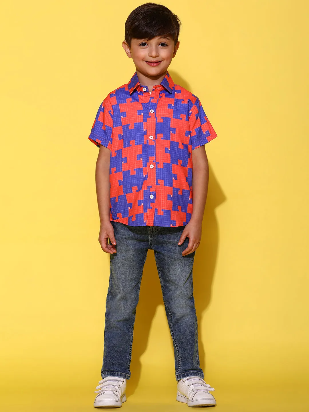 Boys Orange & Blue Half Sleeves Viscos Printed Regular Fit Shirt