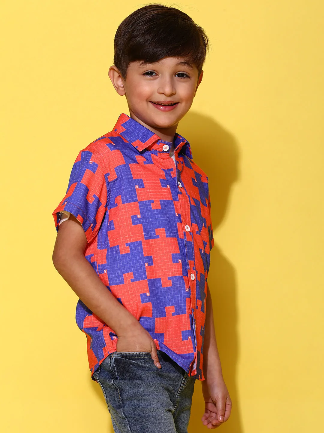 Boys Orange & Blue Half Sleeves Viscos Printed Regular Fit Shirt