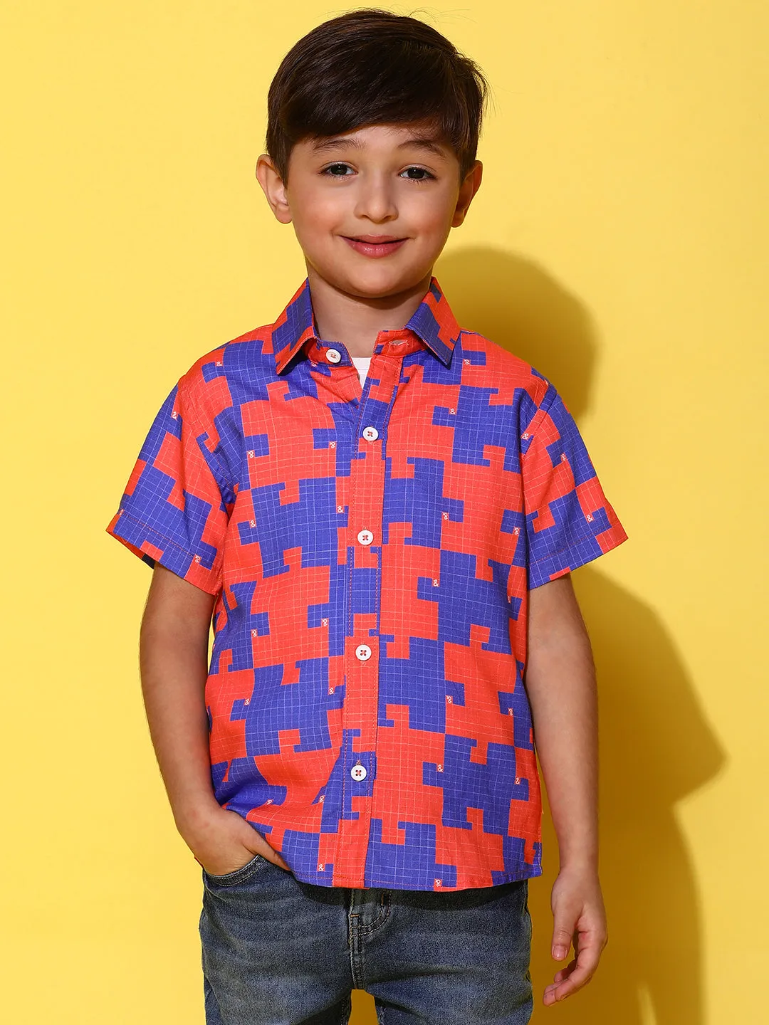 Boys Orange & Blue Half Sleeves Viscos Printed Regular Fit Shirt