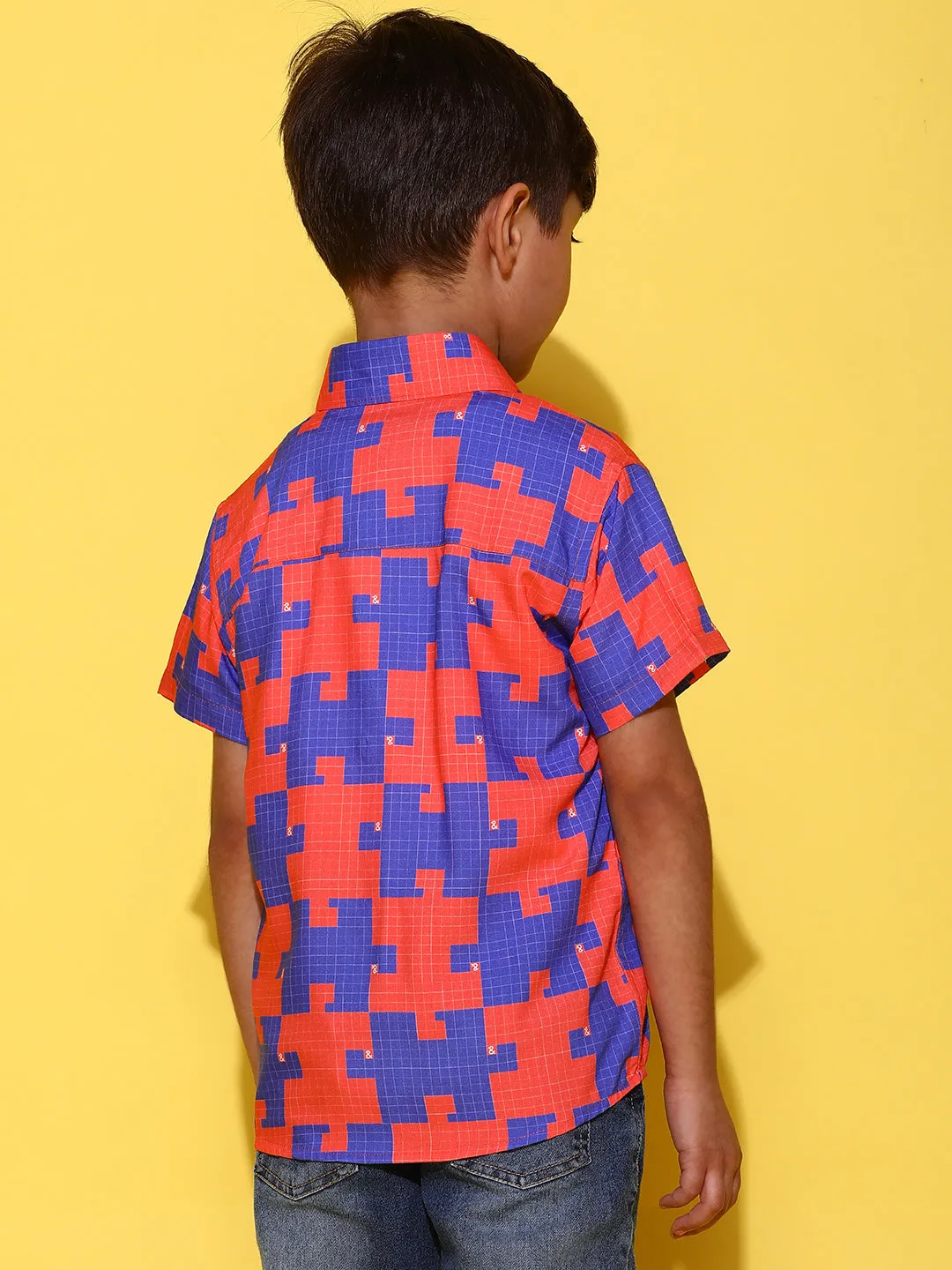 Boys Orange & Blue Half Sleeves Viscos Printed Regular Fit Shirt