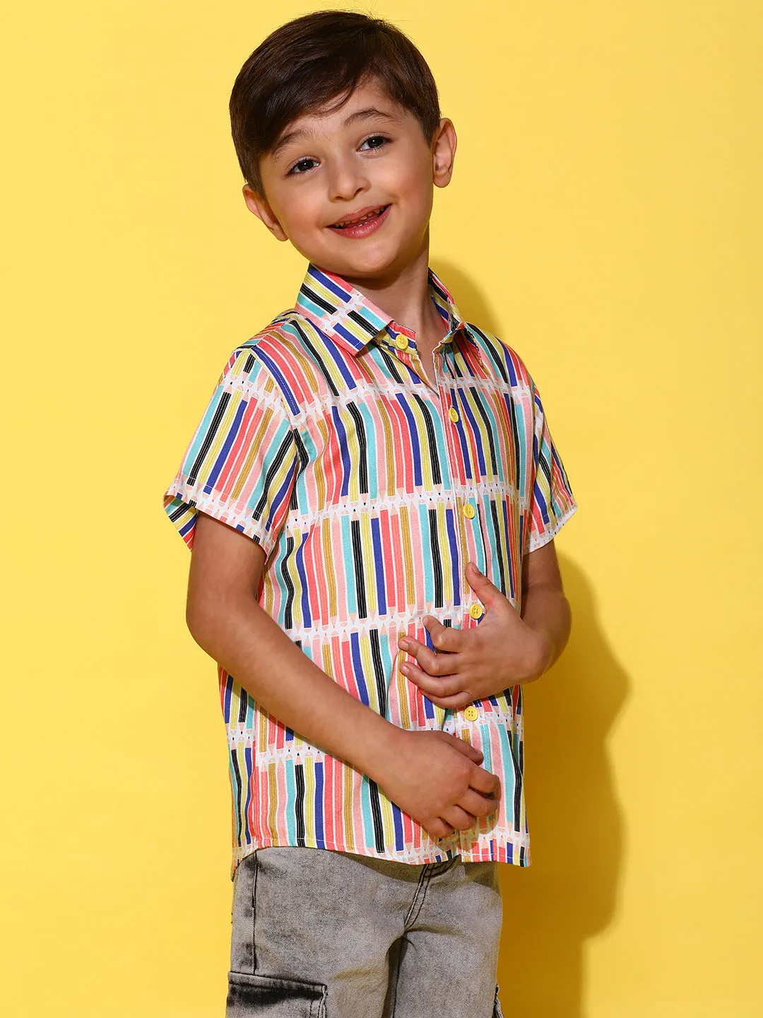 Boys Yellow Half Sleeves Viscos Printed Regular Fit Shirt