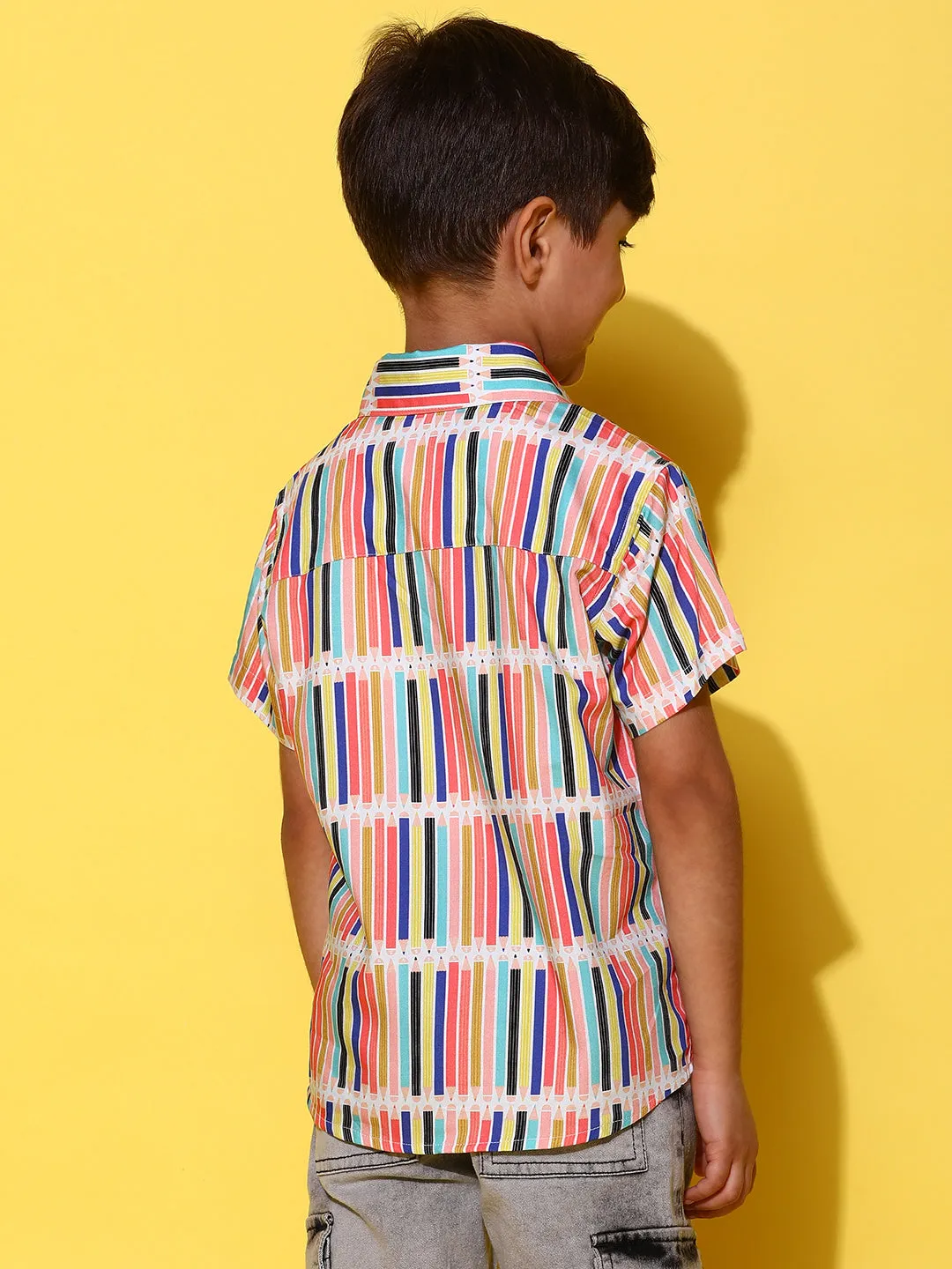 Boys Yellow Half Sleeves Viscos Printed Regular Fit Shirt