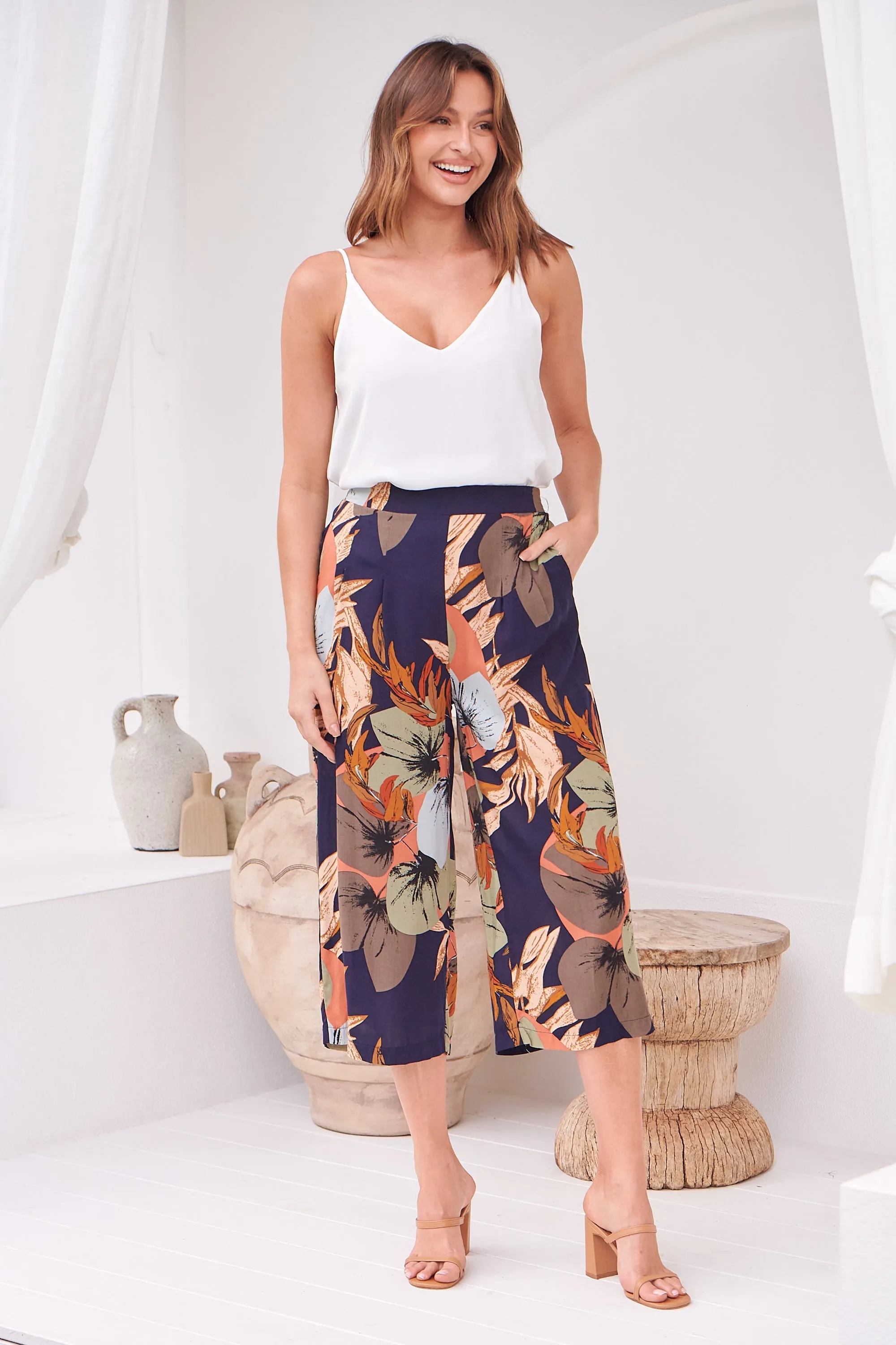 Calypso Navy/Multi Floral Print Culotte Pants