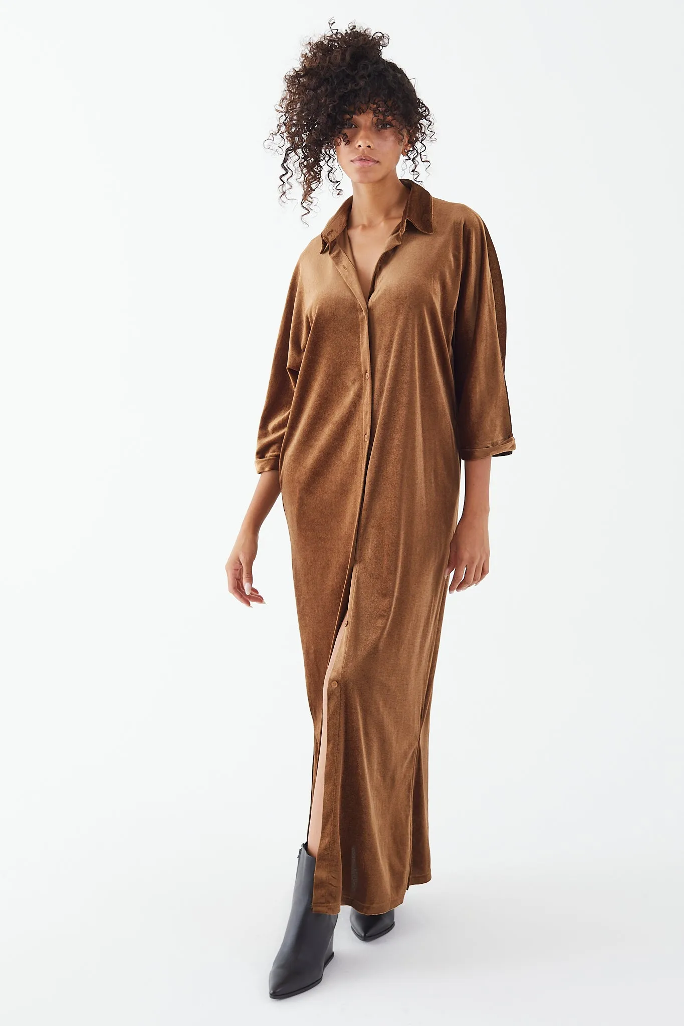 Caramel Velvety Button Down Shirt Dress