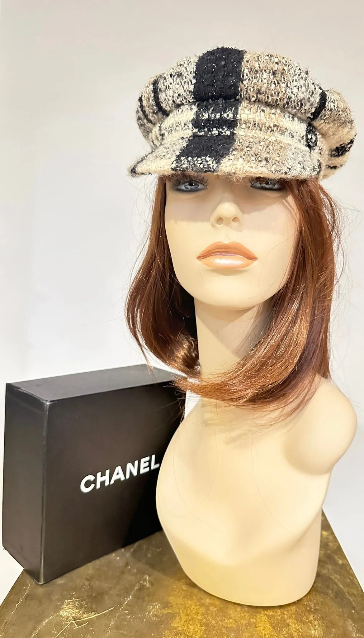 Chanel Sporty 04A 2004 Fall Runway Plaid Tweed Cap Hat Sz 56