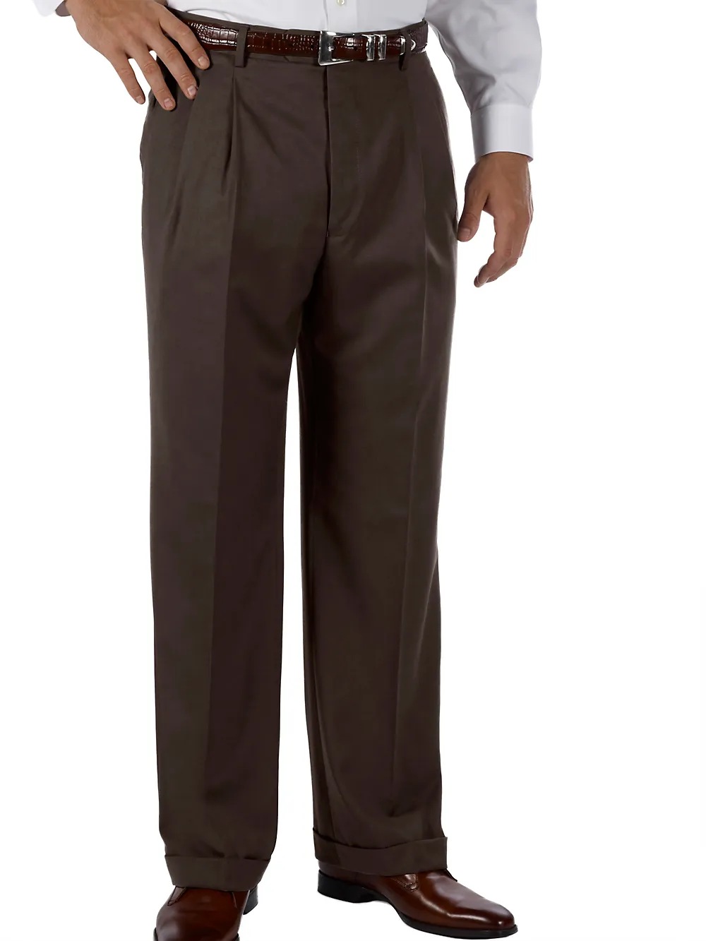 Classic Fit Wool Gabardine Pleated Pants - Chocolate