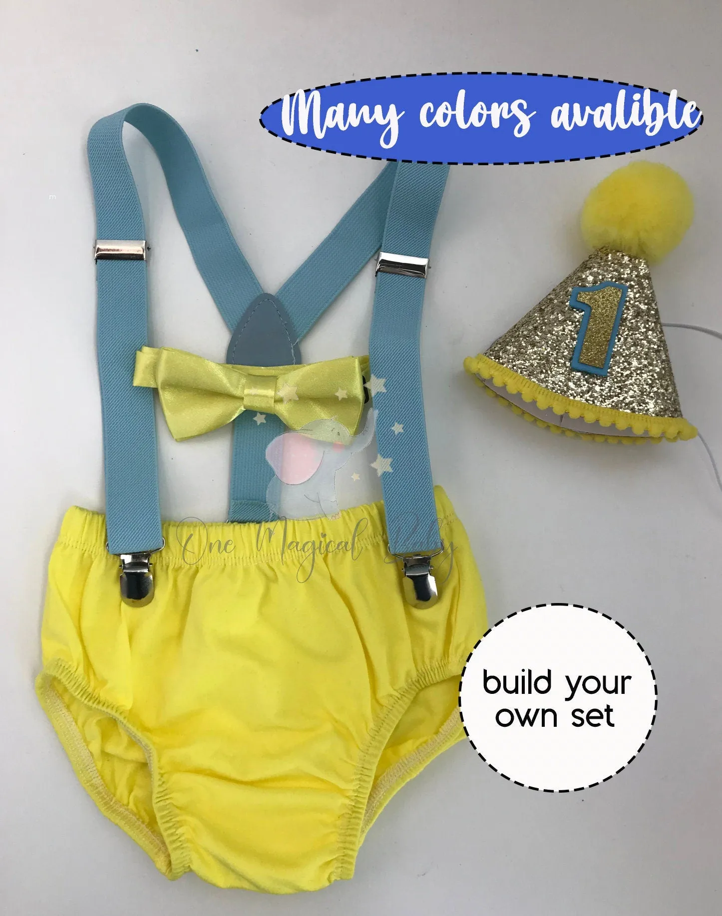 Duck theme smash Cake Outfit Boy Birthday Outfit 4 Piece Set Diaper Cover, Suspenders Party Hat