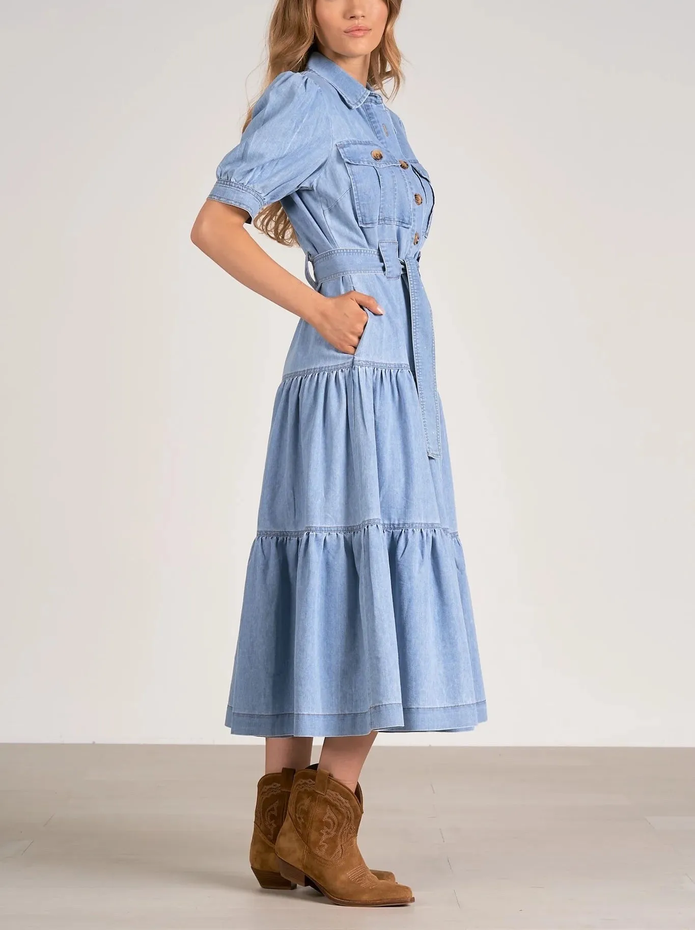 Elan Tie Waist Denim Maxi Dress