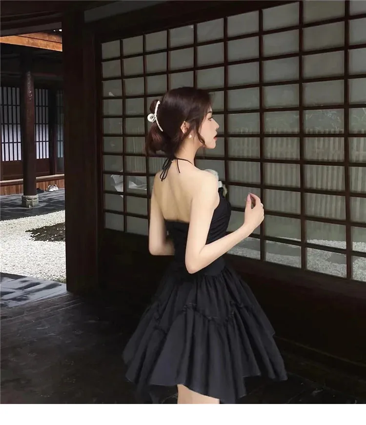 Gothic-Style Backless Short Dress With Bust Application