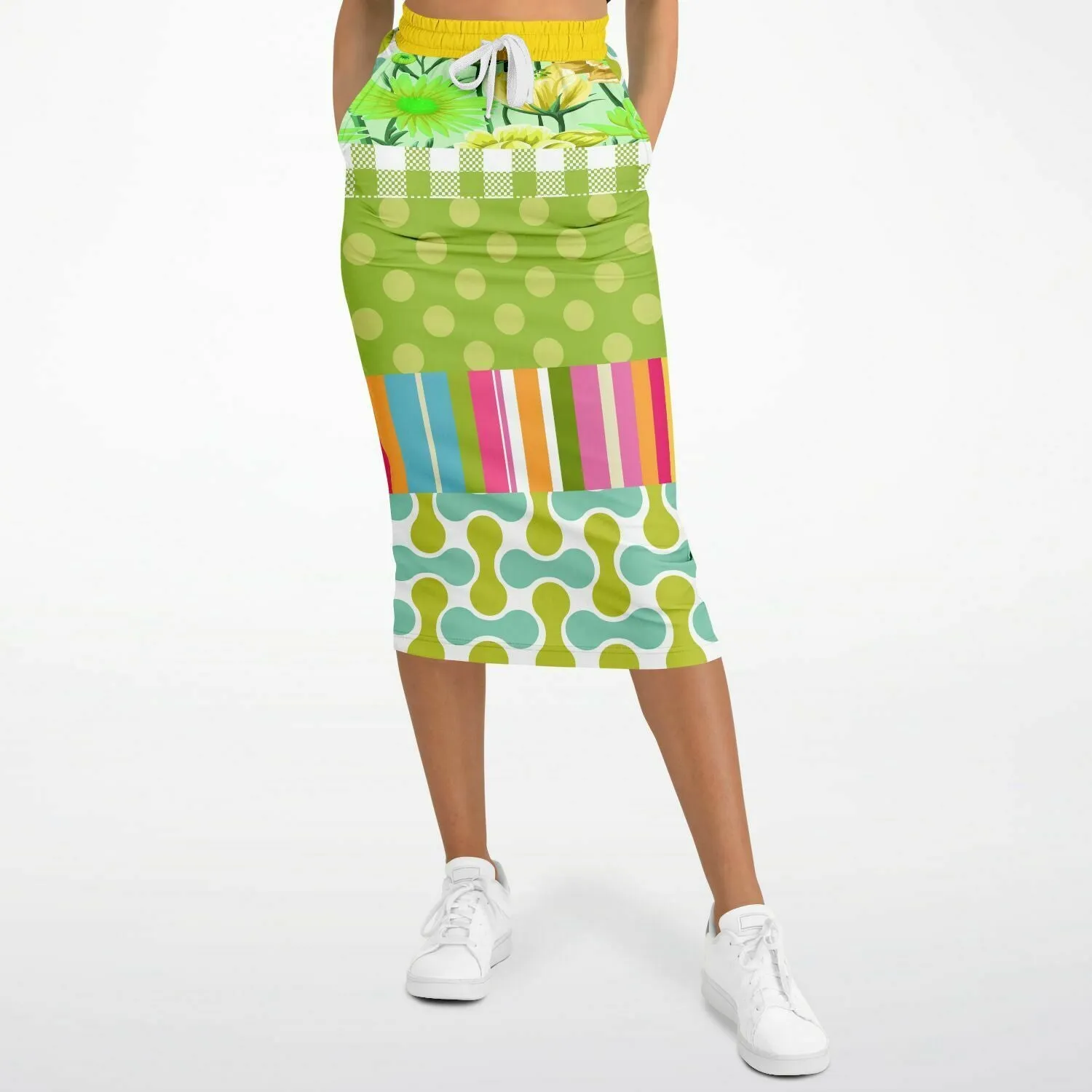 Green Anjou Pear Striped Floral Eco-Poly Long Pocket Skirt