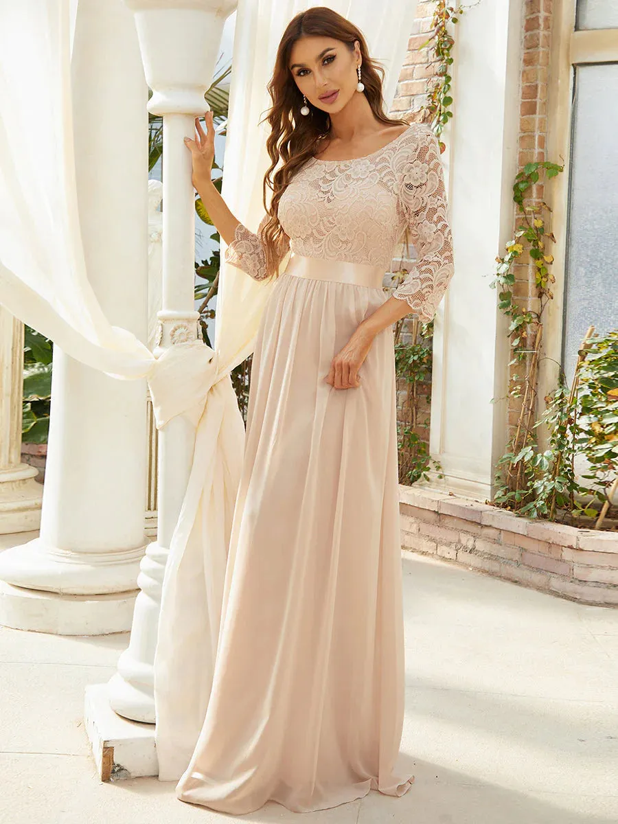 Lace Top High Neck Three Quarter Sleeve Bridesmaid Dress