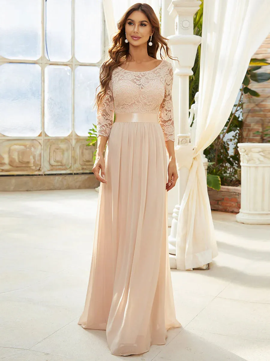 Lace Top High Neck Three Quarter Sleeve Bridesmaid Dress