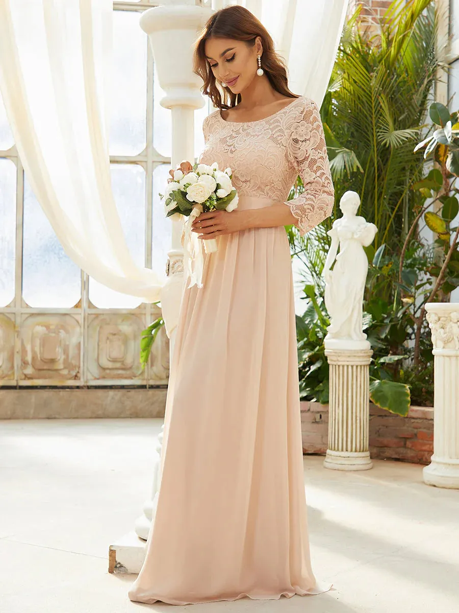 Lace Top High Neck Three Quarter Sleeve Bridesmaid Dress