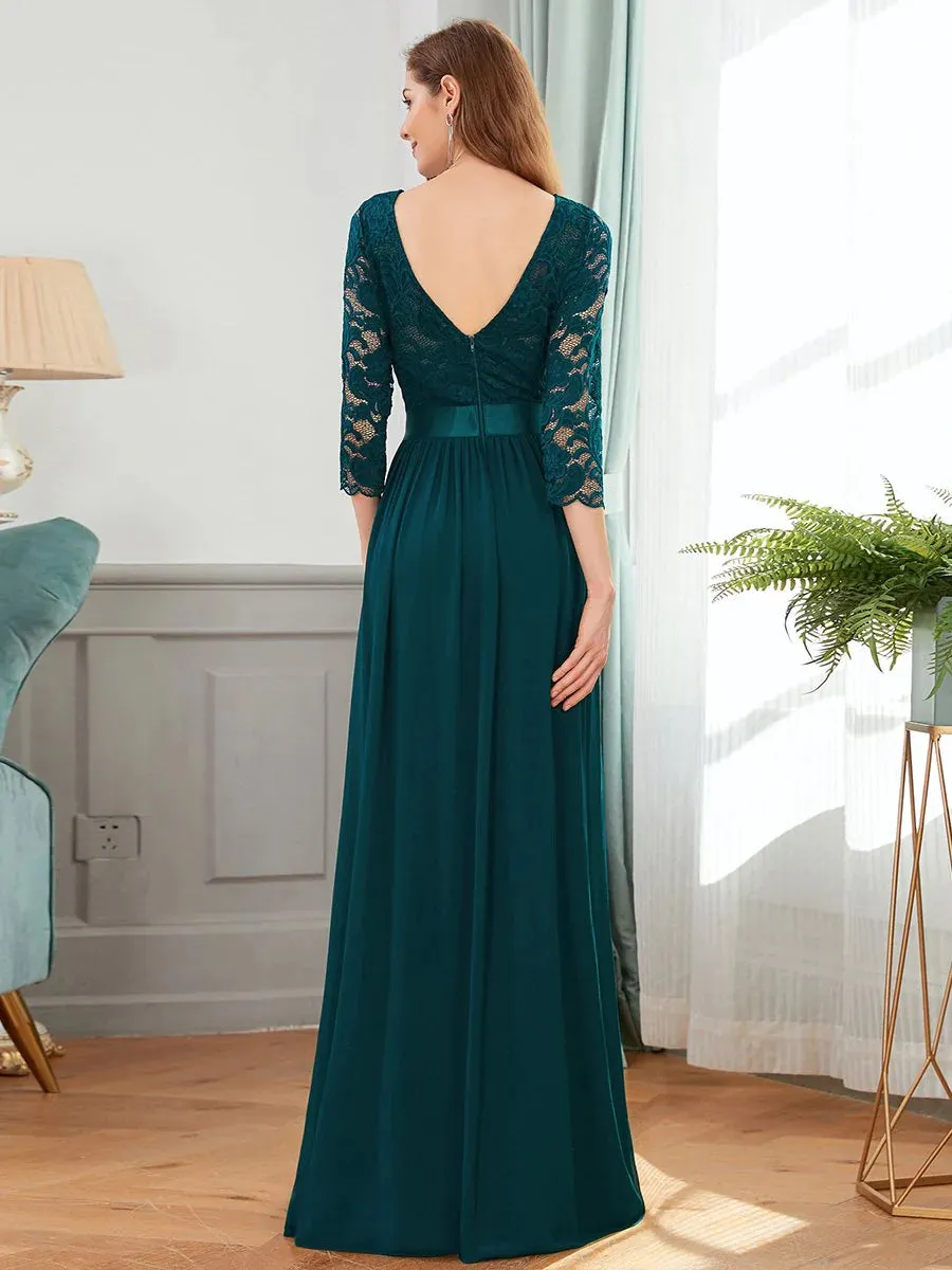 Lace Top High Neck Three Quarter Sleeve Bridesmaid Dress