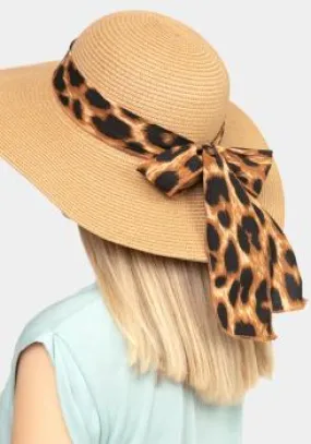 Leopard Print Bow Floppy Sun Hat in Brown and Ivory