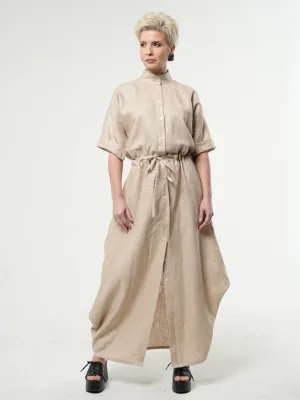 Maxi Linen Shirt Dress In Beige