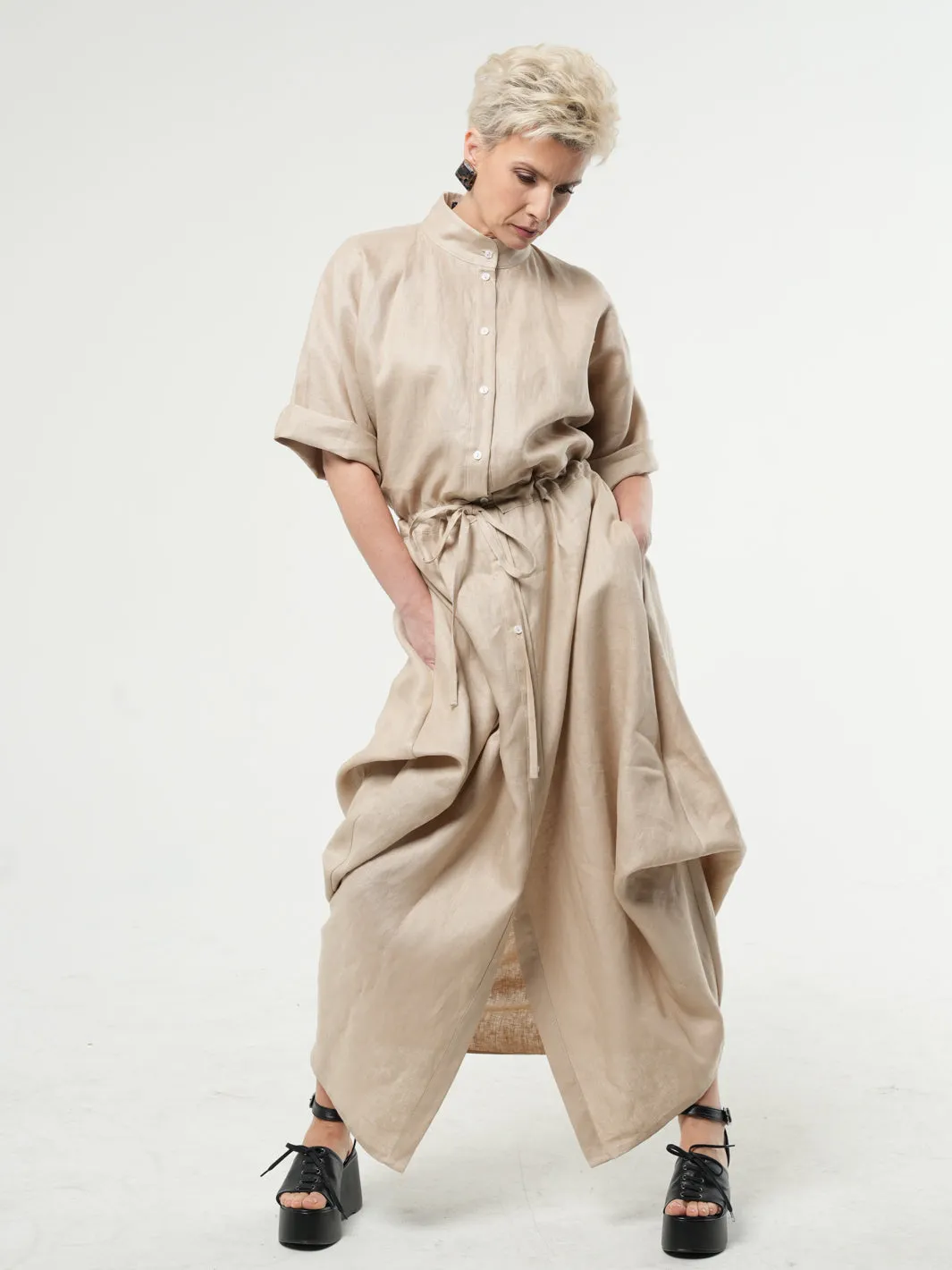 Maxi Linen Shirt Dress In Beige