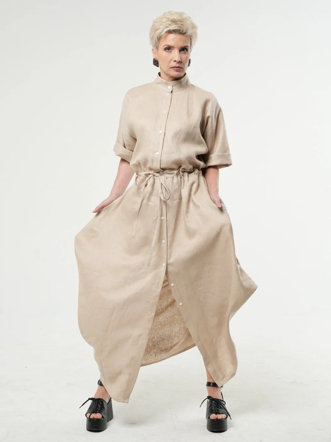 Maxi Linen Shirt Dress In Beige