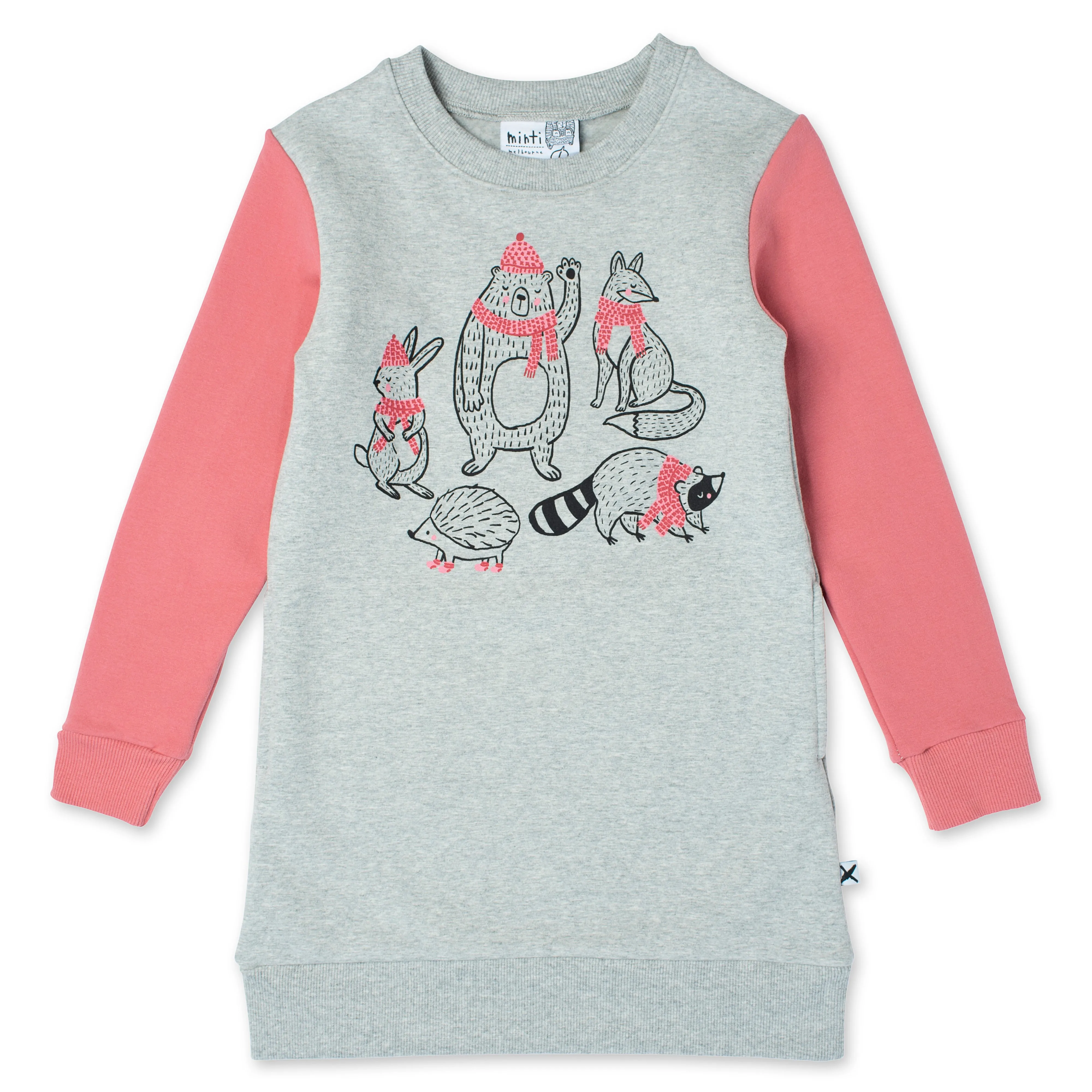 Minti Warm Forest Friends Furry Dress - Grey Marle/Rose