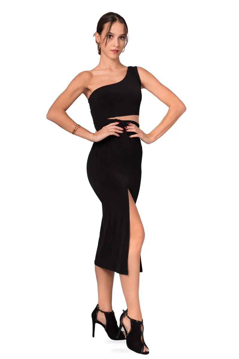 One-Shoulder Midi Dress With Side Cutout (S)