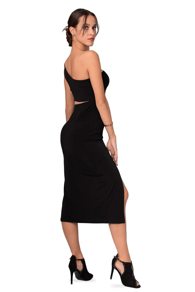 One-Shoulder Midi Dress With Side Cutout (S)