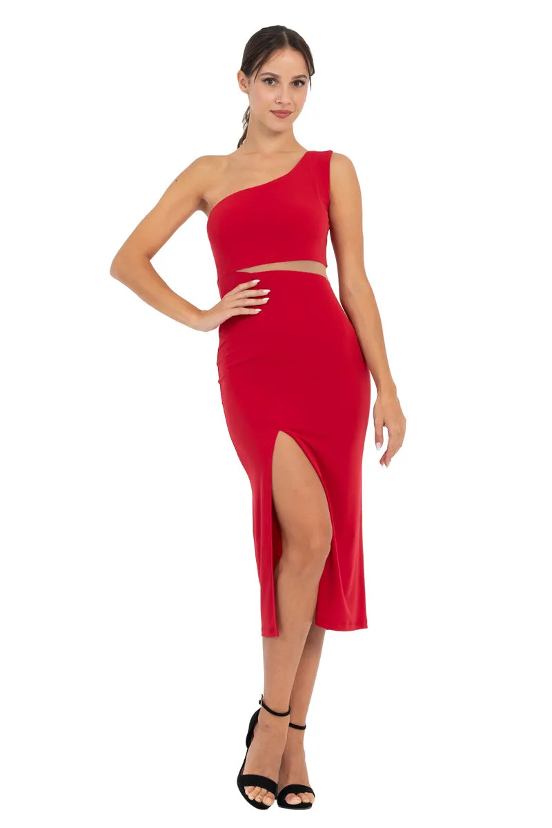 One-Shoulder Midi Dress With Side Cutout (S)