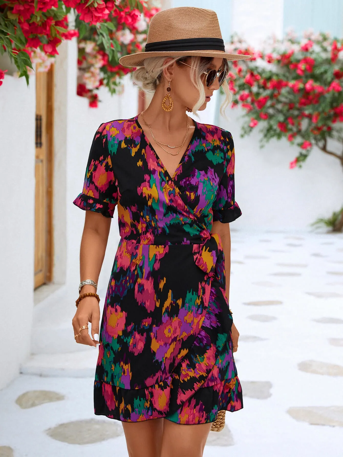 Printed Flounce Sleeve Tied Dress