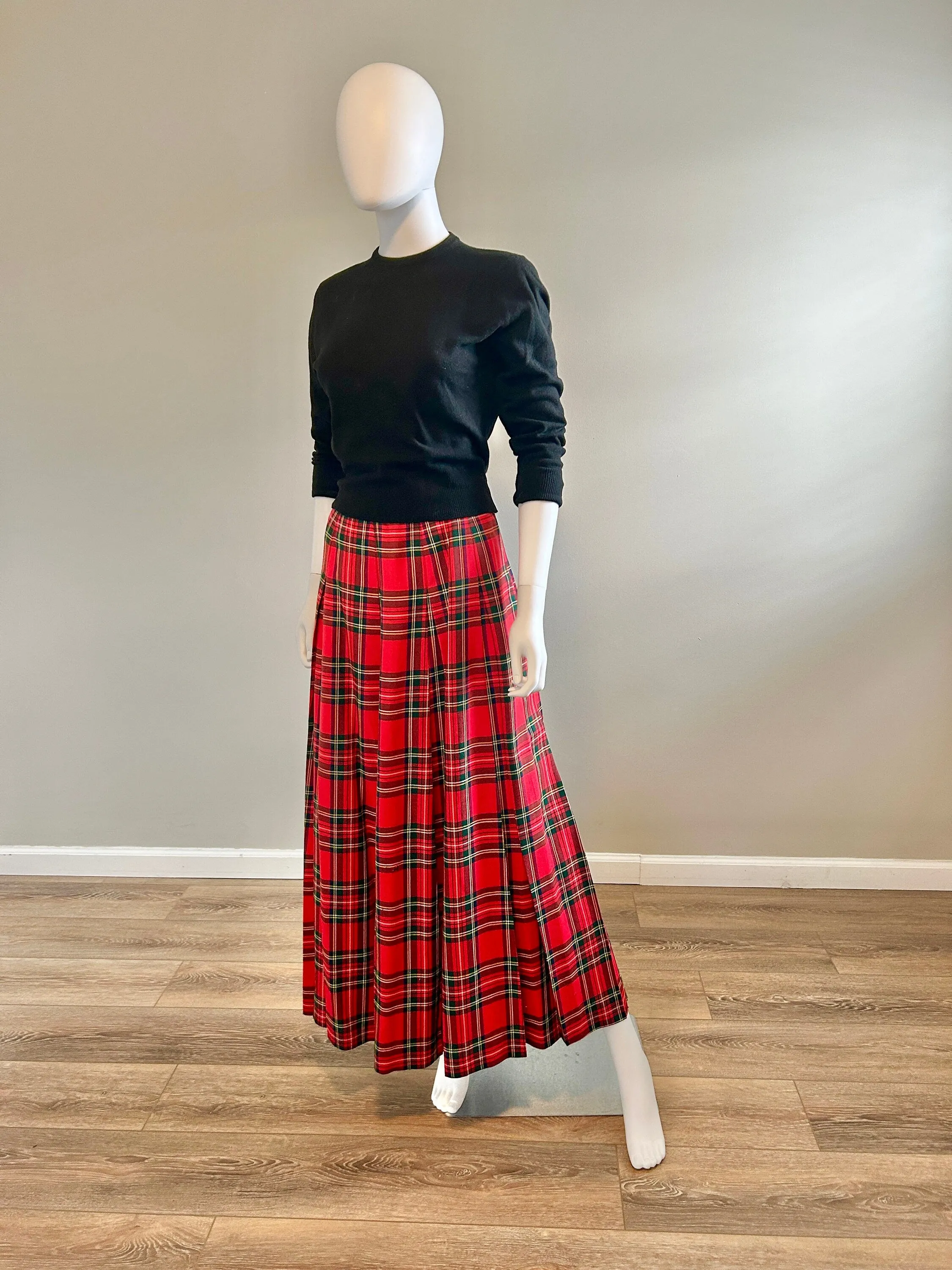 Vintage 1950s Red Tartan Plaid Maxi  / 50s Retro Holiday Skirt / Size XS S