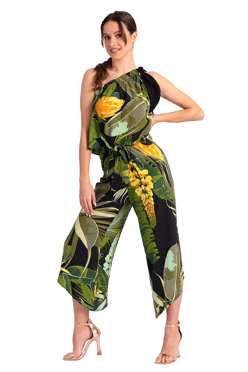 Waist Tie Tropical Print Asymmetric Cropped Tango Pants