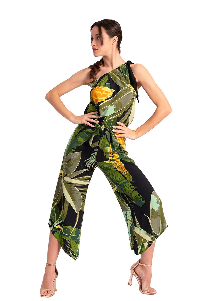 Waist Tie Tropical Print Asymmetric Cropped Tango Pants