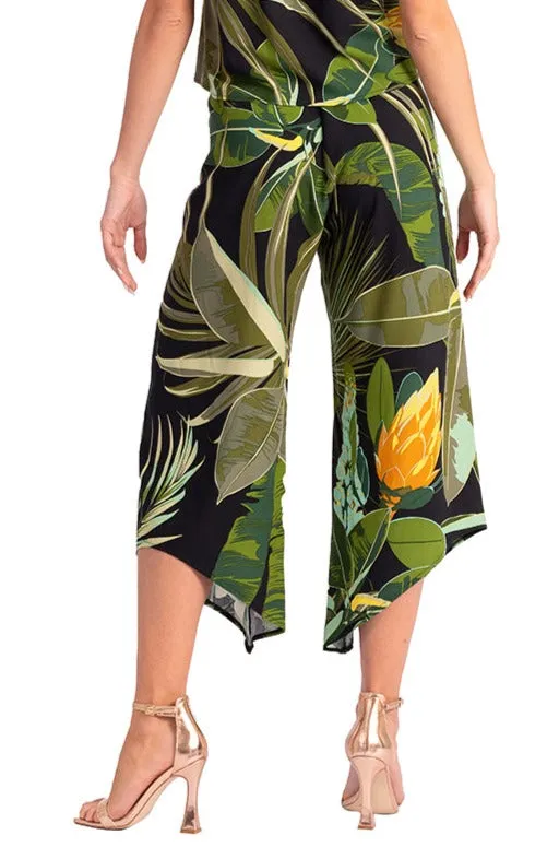 Waist Tie Tropical Print Asymmetric Cropped Tango Pants